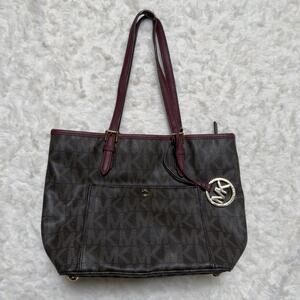 Michael Kors Signature Jet Set Tote Bag Brown Burgundy Monogram